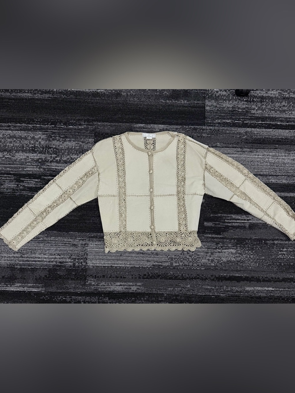 Vintage Y2K Beige Tan Patchwork Suede Crochet Trim Cardigan Jacket M